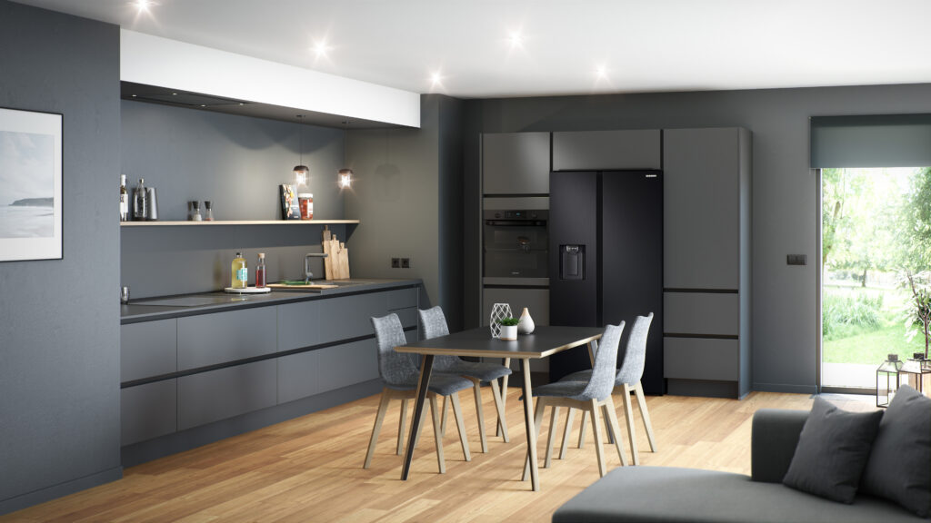 Cuisine noire moderne avec luminaire plafonnier